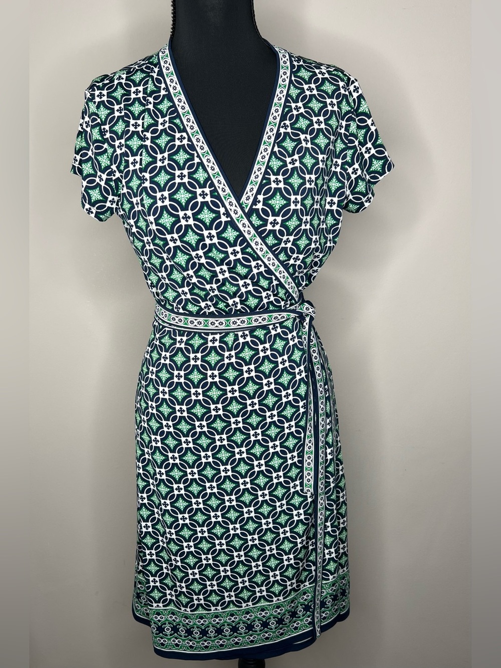 Max Studio Effortless Lightweight Navy, White & Green Geometric Wrap Dress Small